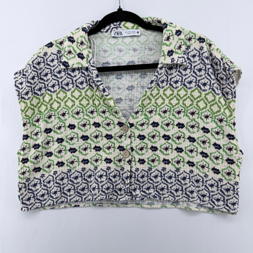 Zara Womens Large Green Navy Geometric Floral Gauze Cropped Sleeveless Shirt Top
